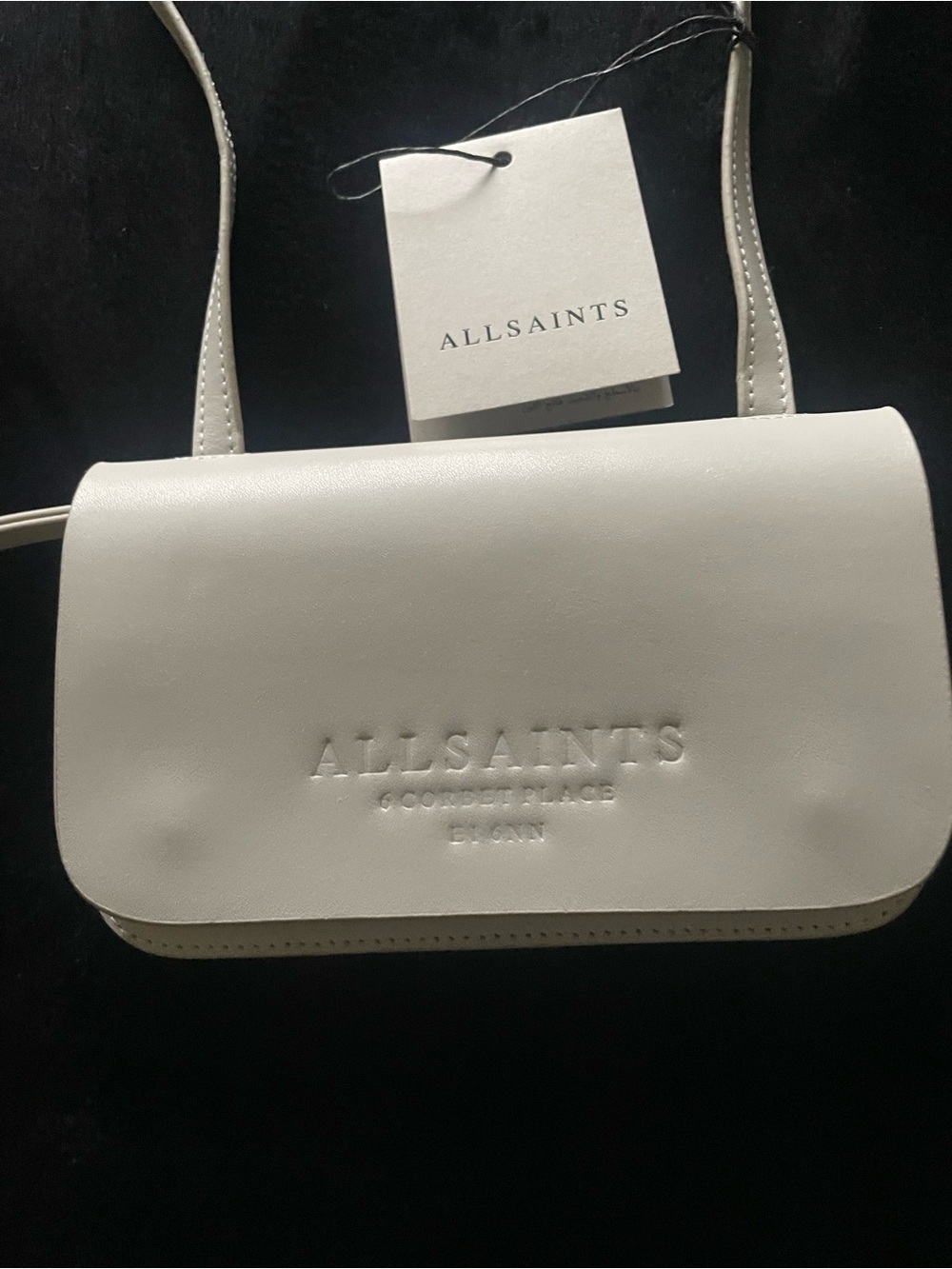AllSaints Cream Leather Embossed Logo Crossbody Bag